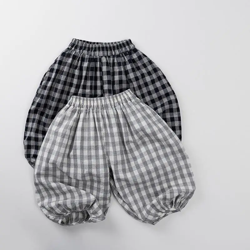 

2025 Summer New Children Casual Pants Cotton Girls Thin Plaid Trousers Baby Boys Loose Harem Pants Kids Mosquito Proof Pants