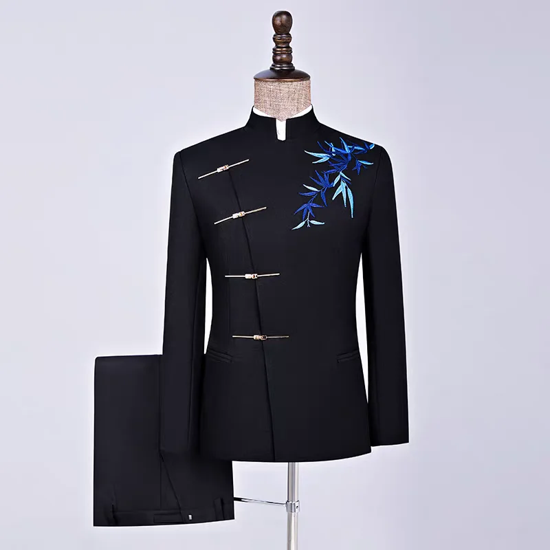 Chinese Style Men's Suit Traditional Embroidery Blazer Pants 2 Pieces Set Slim Groom Wedding Banquet Host Chinese Tunic Suits
