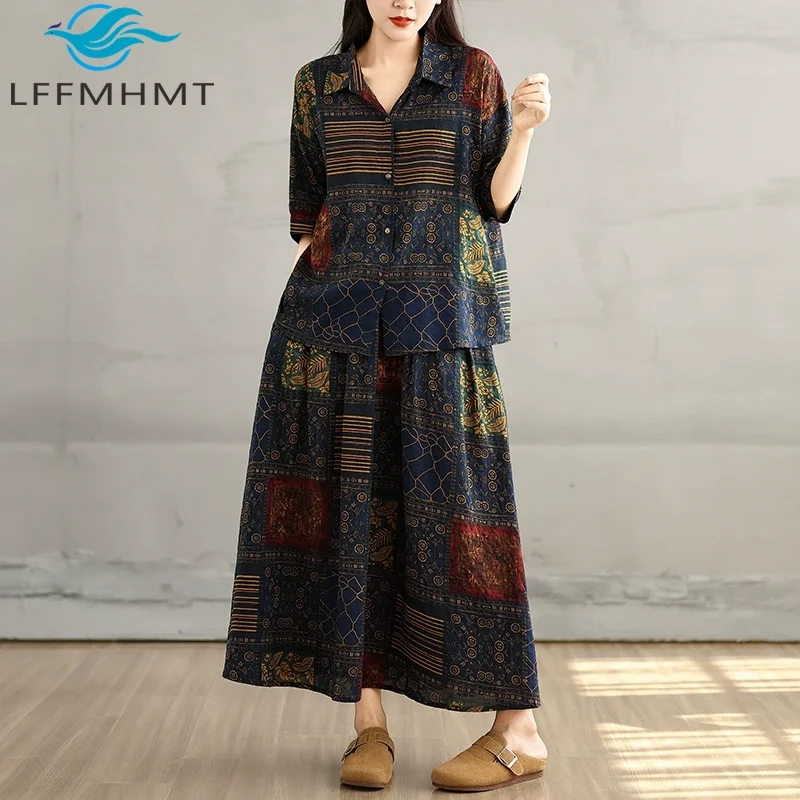 

Women's Two Pieces Sets Summer Fashion Vintage Pattern Good Quality Short Sleeve Blouse A-line Elastic Waist Skirt Suits Female