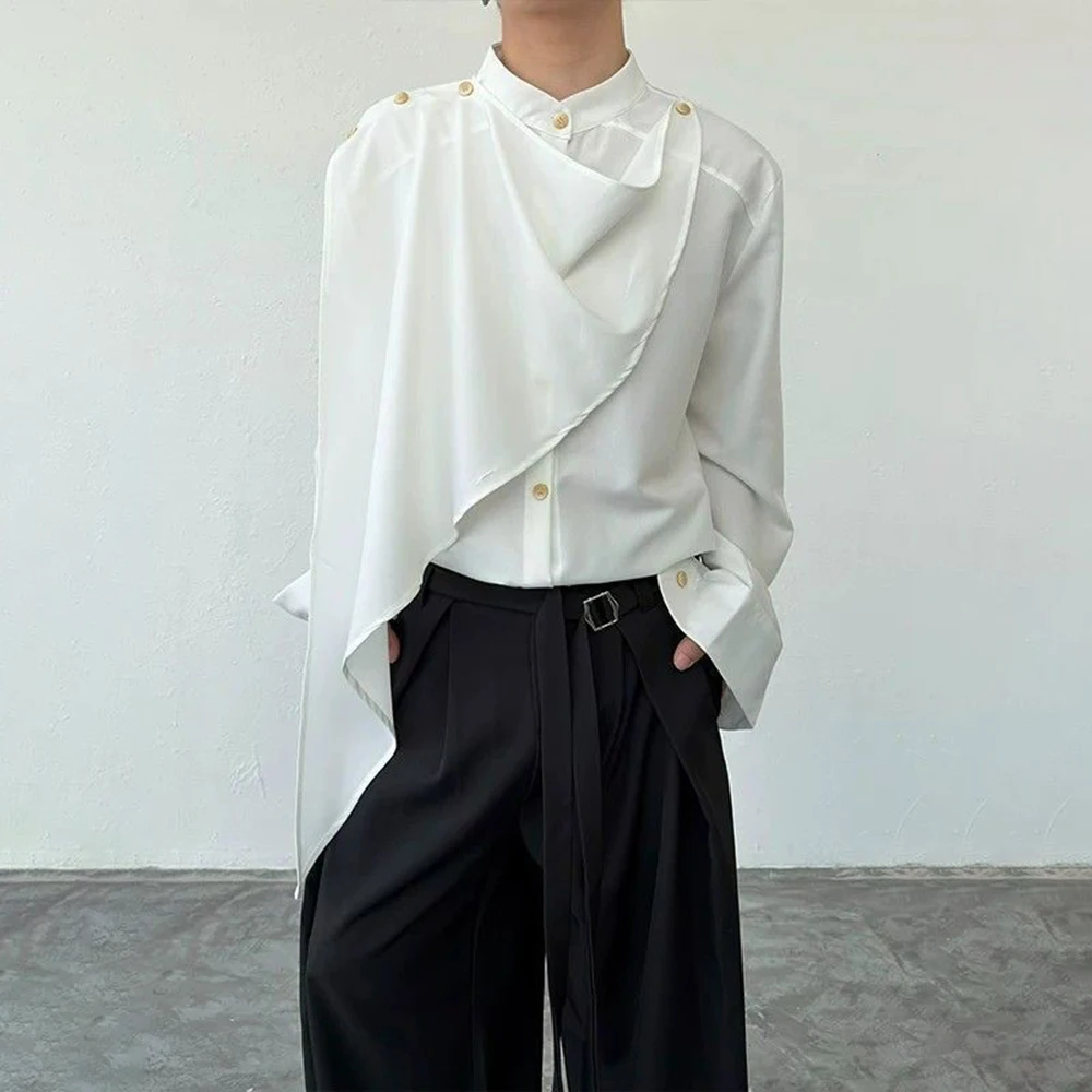 Mens Detachable Draped Overlay Leisure Shirt Streetwear Fashion Vintage Niche Nightclub Youth Asymmetrical Long Sleeve Top 2026