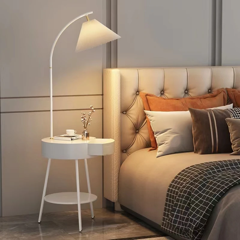 

Nordic Minimalist Design Coffee Table Floor Lamp for Living Room Bedroom Iron Body LED Integrated Nightstand Drawer Shelving
