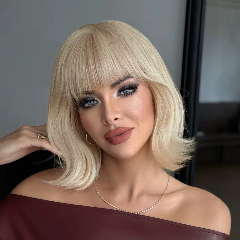 Layered wig for women short platinum blonde with bangs youthful style everyday wear synthetic fiber heat-resistant full he