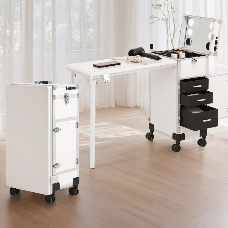 Nordic Premium Wheeled Lighted Makeup Case for Professional Makeup Artists Nail Tech Box Foldable Lightweight Table FYMB
