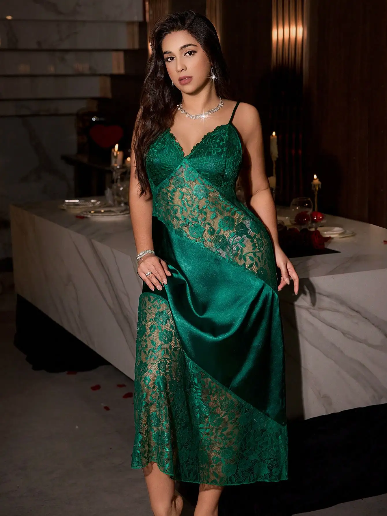 

Plus Size Women's Elegant Solid V-Neck Camisole Nightgown with Lace Panels
