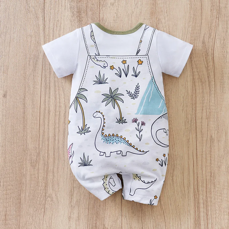 Summer Baby Jumpsuit Cute Cartoon Dinosaur Comfortable Round Neck Short Sleeved Baby Crawling Jacket