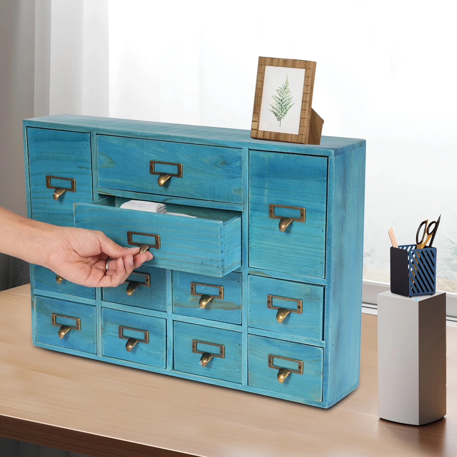 

Синий настольный комод с 12 отделениями, 51x10x35 см, не требующий сборки, с классифицированными ящиками для хранения, полки из массива дерева