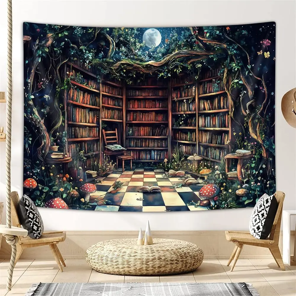 Magical Forest Tapestry, Fairytale Tree Magic Bookshelf Aesthetic Tapestries for Classroom, Witchy Fairy Tree Mysterious Vintage - view 4