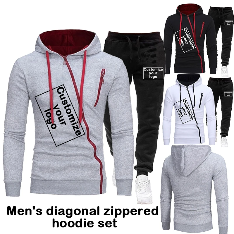 

New hoodie with diagonal zipper men's casual sportswear DIY customization of your logo men's hooded shirt+pants fashion set