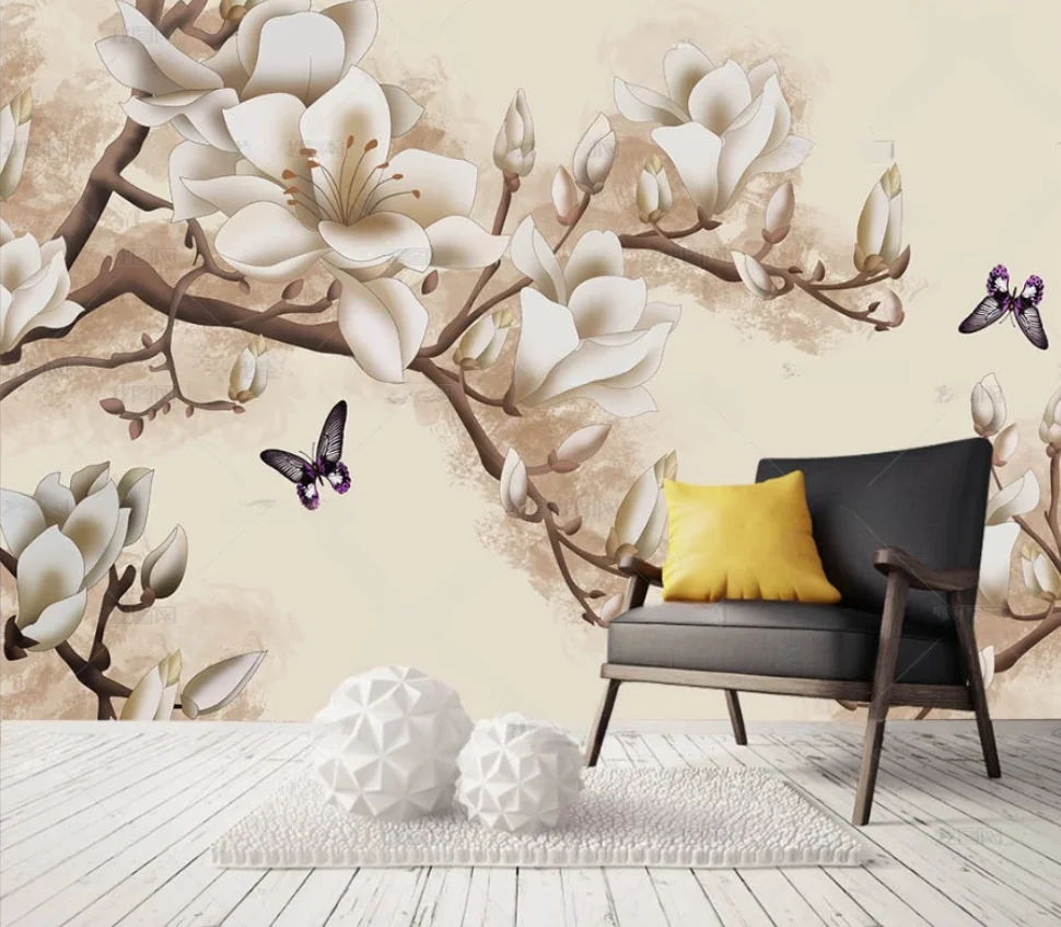 Custom sized murals featuring Chinese flowers, butterflies, branches, birds, decorations, magnolia flowers, and walls wallpaper