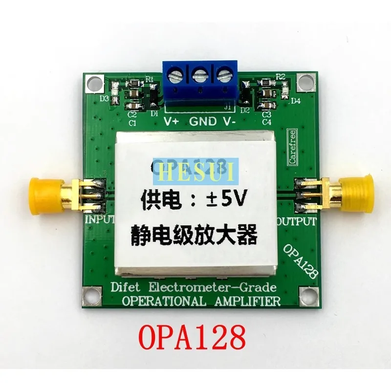 OPA128 electrometer stage operational amplifier low bias offset 110dB gain high stopband shielding