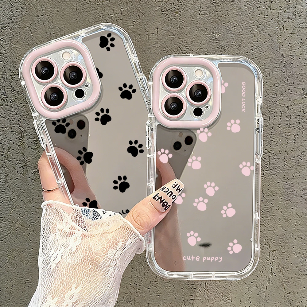 Cute Cat Dog Paw Print Mirror Phone Case For iPhone 17 16 Pro Max Case 17 Air 15 14 13 12 11 Pro X XR XS 7 Plus Shockproof Cover