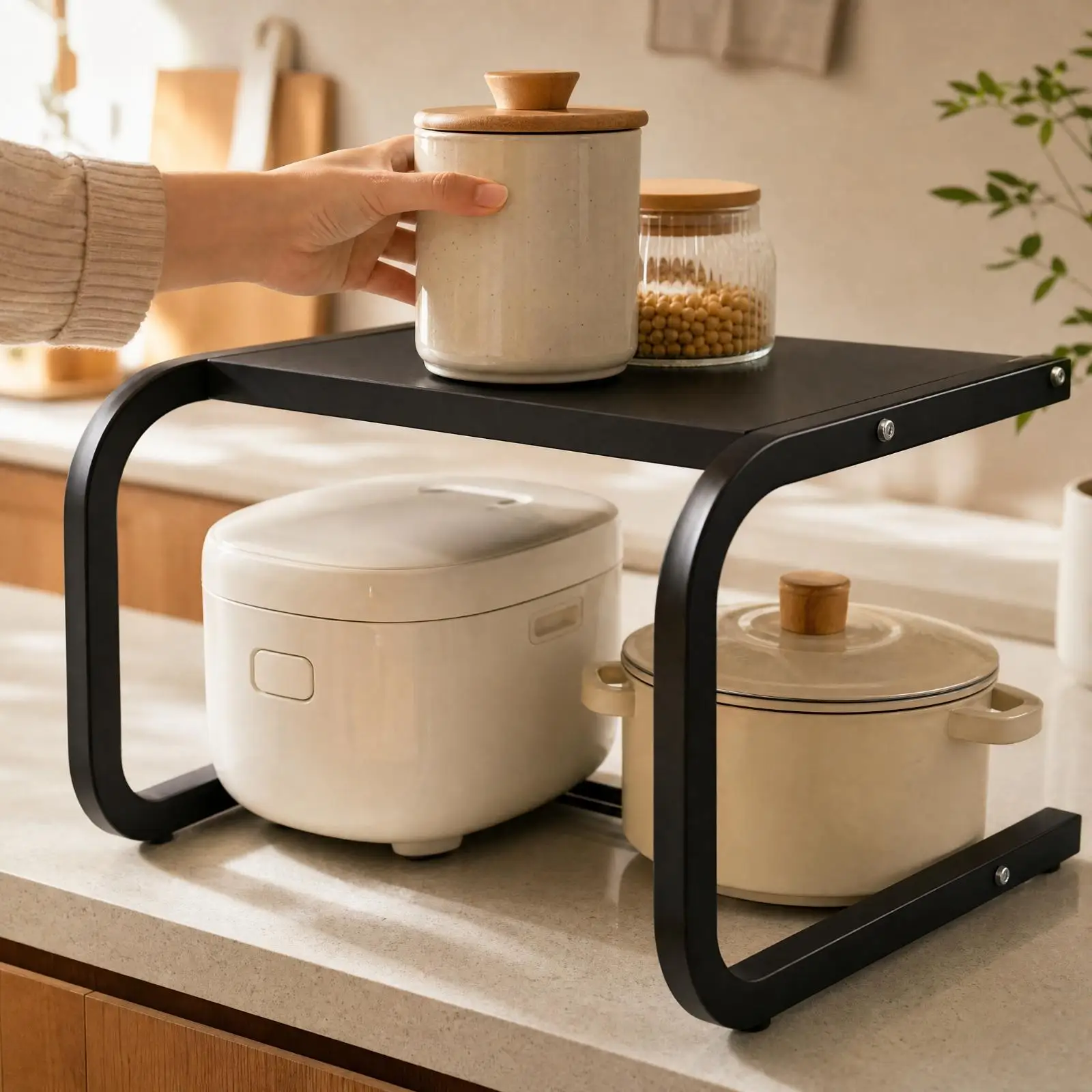 Bridge-Shaped Kitchen Countertop Storage Rack Compact Carbon Steel Countertop Organizer Rack Space-Saving Shelf for Meal Cooking