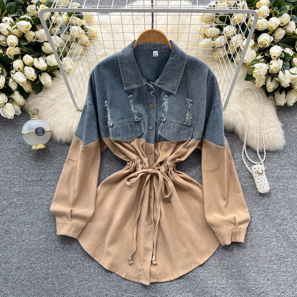 

Y2k Denim Dress Women Mini Dresses Vestidos Patchwork Hole Single Breasted Turn Down Collar Lace Up 2025 Autumn Vintage A Line