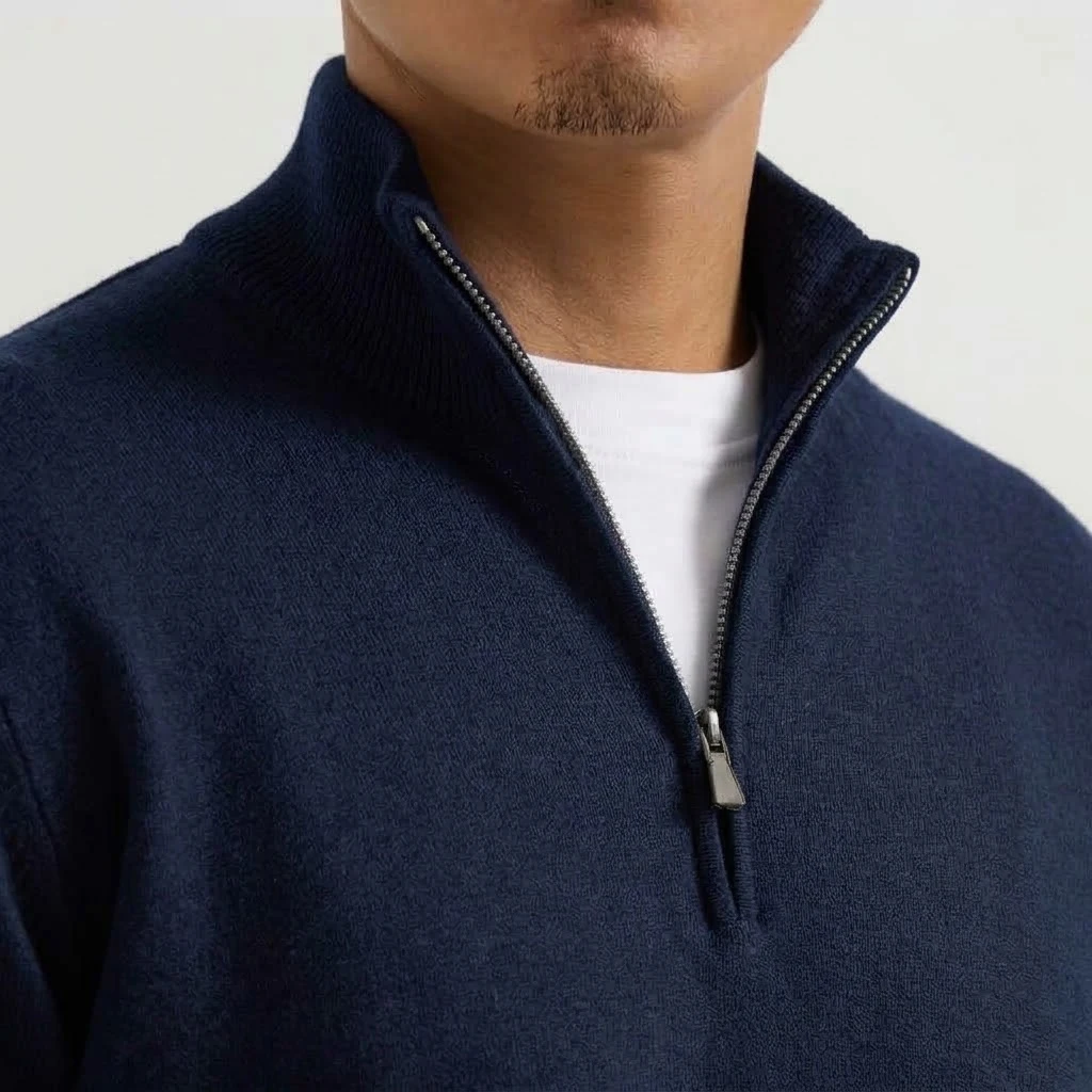 Neuer Herren-Strickpullover mit Reißverschluss, lässiger Stehkragen-Pullover, warmer Langarm-Pullover, einfarbiger Pullover, modischer Winterpullover für Herren – Detail 10