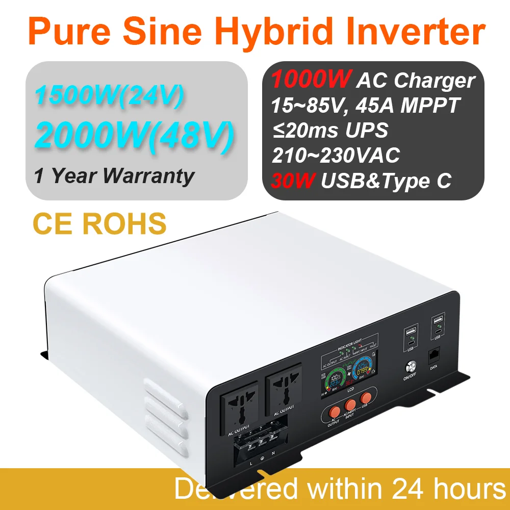 48V 24V Hybrid Solar Inverter MPPT Off Grid Solar Inverter Pure Sine Wave 220V 230V 1.5KW 2KW PV Power