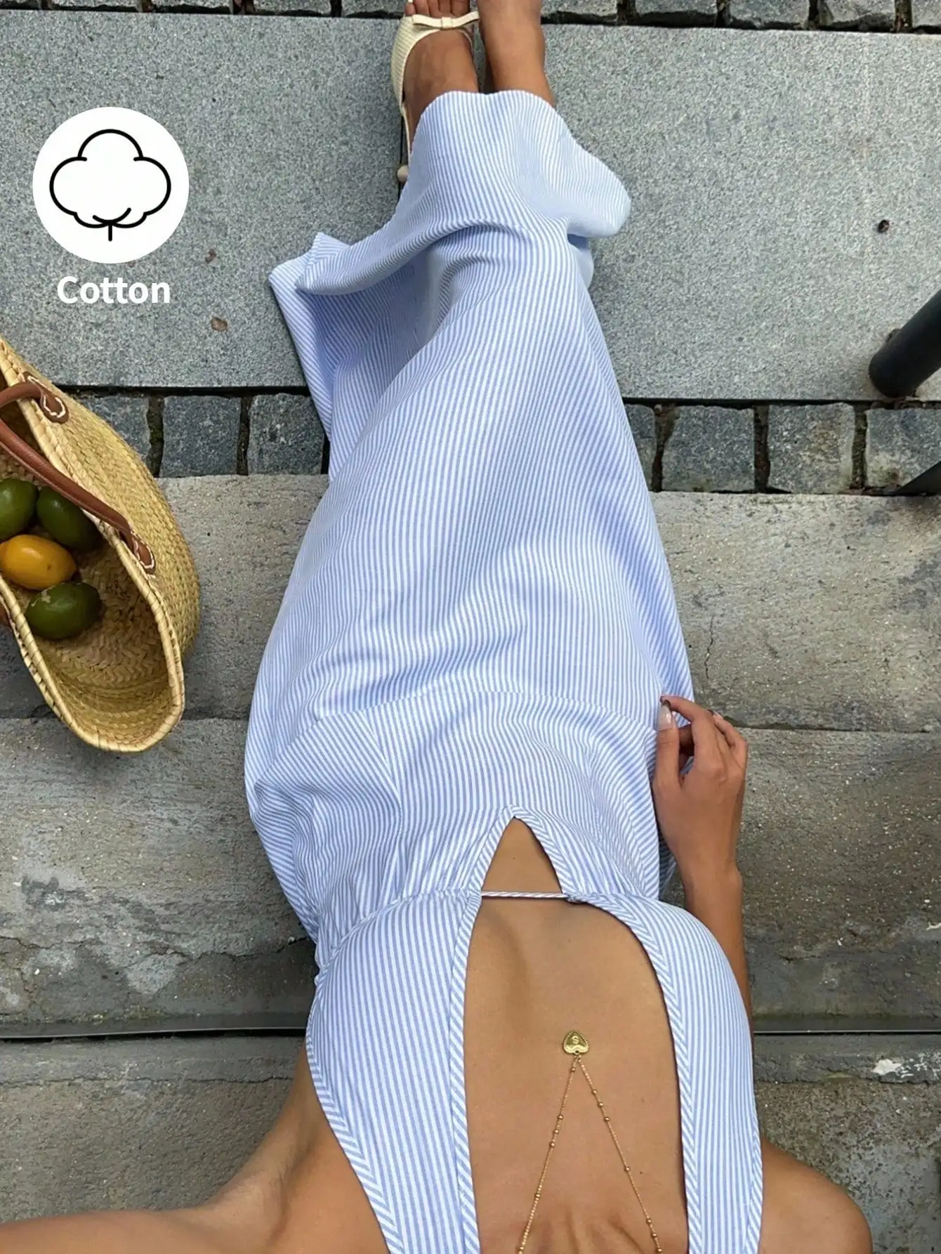 

Blue White Striped Backless Sleeveless Jumpsuit with V-Neck and Tie-Up Waist