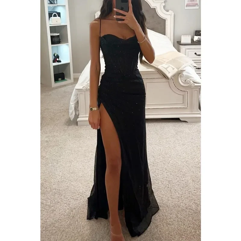 Women\'s S-XL size Party Fashion Suspender Dress with A Straight Neckline Sleeveless Solid Color Slim Fit Slit Casual Long Dress