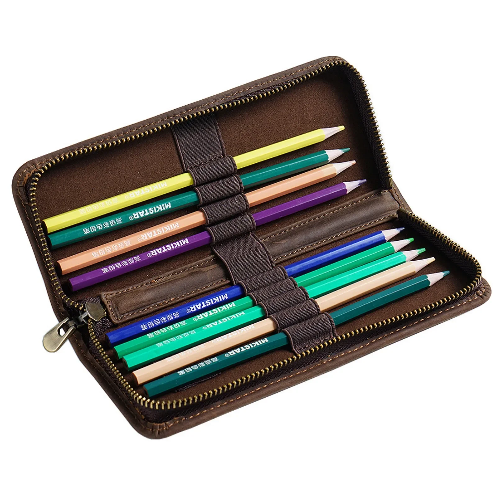

Genuine Leather Zippered Fountain Pen Case Large Capacity Handmade Pencil Holder with 11 Pen Slots for Office School Stationery