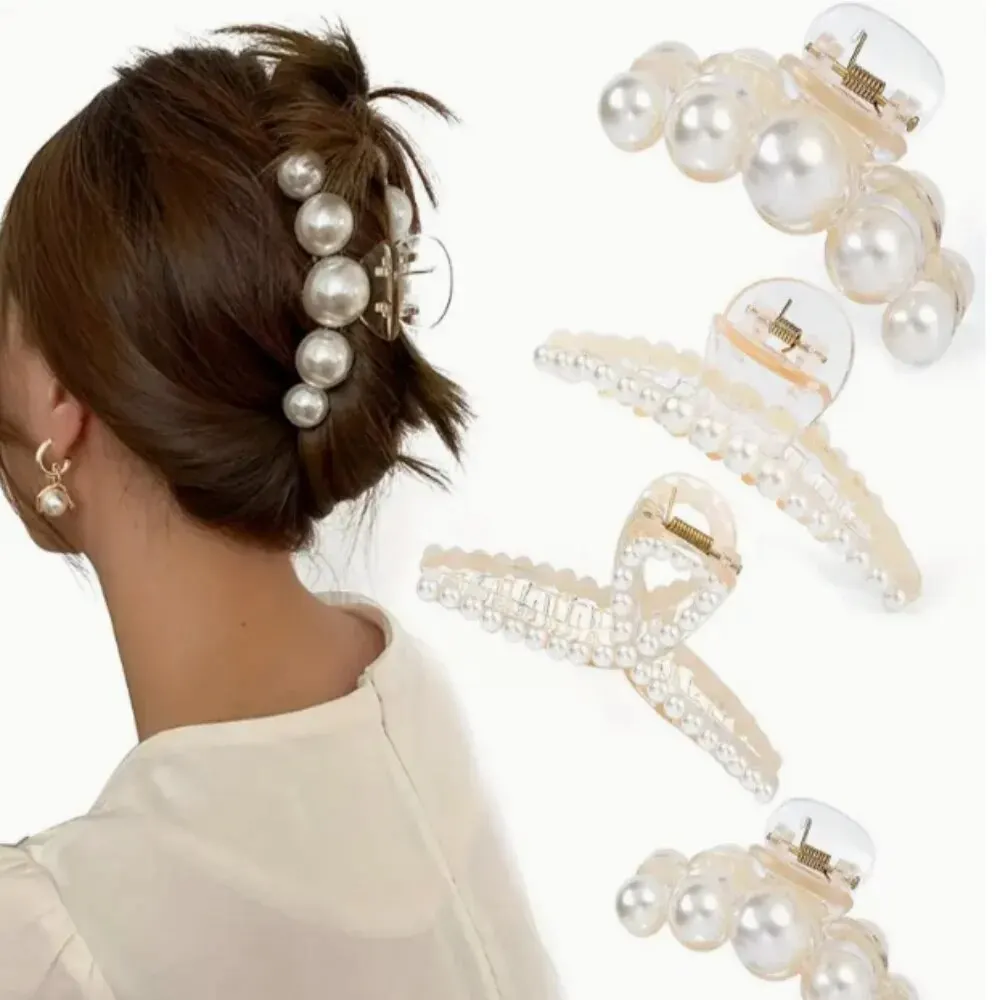 

4pcs Large Shark Clip Hair Accessories Temperament Versatile Simple And Generous Fashionable Gentle Pearl Grab Clip