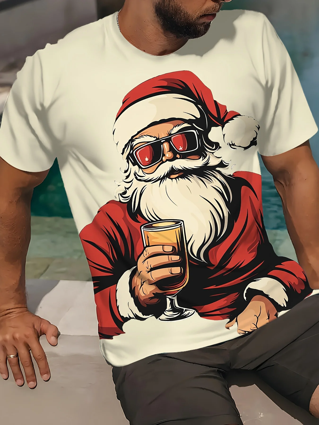 

Summer Christmas Santa Funny Men's T-Shirt Casual Fashion 3D Christmas Elements Printed Round Neck Short Sleeve Breathable Tops