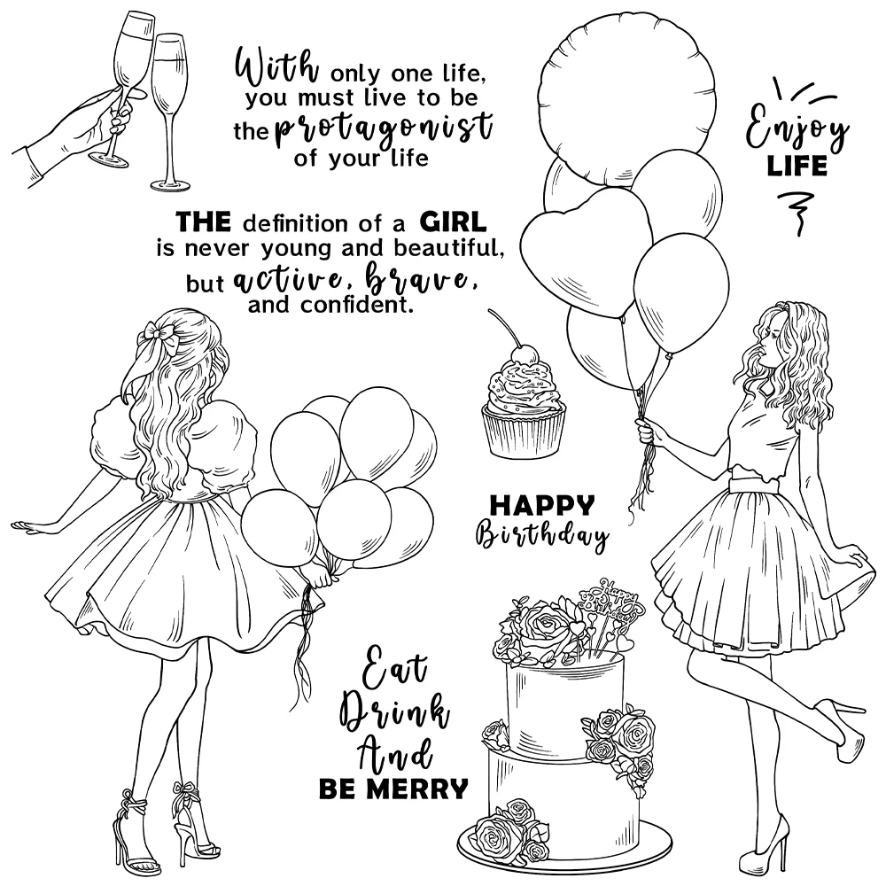 Mangocraft Happy Birthday Cake Balloon Girl Cutting Dies Clear Stamp DIY Scrapbooking Metal Dies Silicone Stamp For Cards Albums