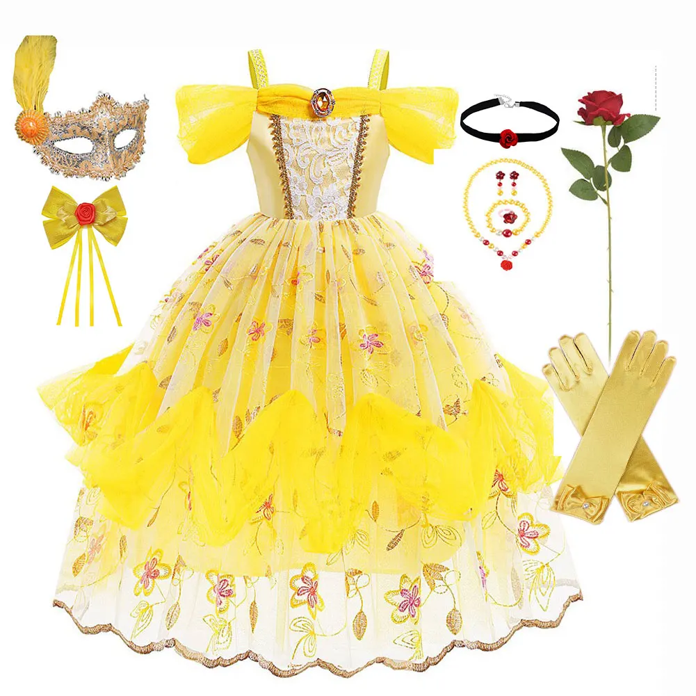 

Halloween Costume for Kids Princess Mesh Ball Gown Embroidered Dress Belle Children's VestidosBelle Performance Outfits