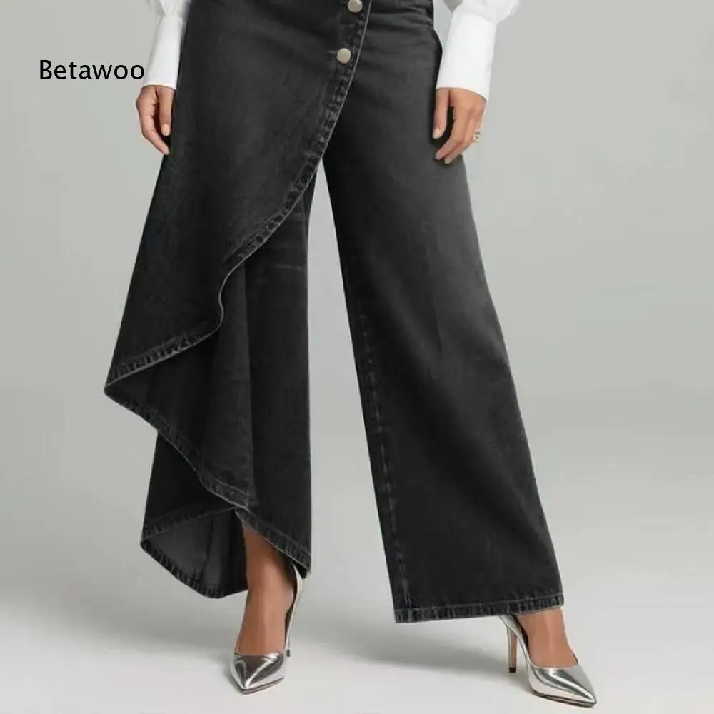 Ladies Black Denim Wide Leg Trousers Asymmetric Wrap Skirt Overlay Button Detail High Waist Versatile Daily Outfit Pants