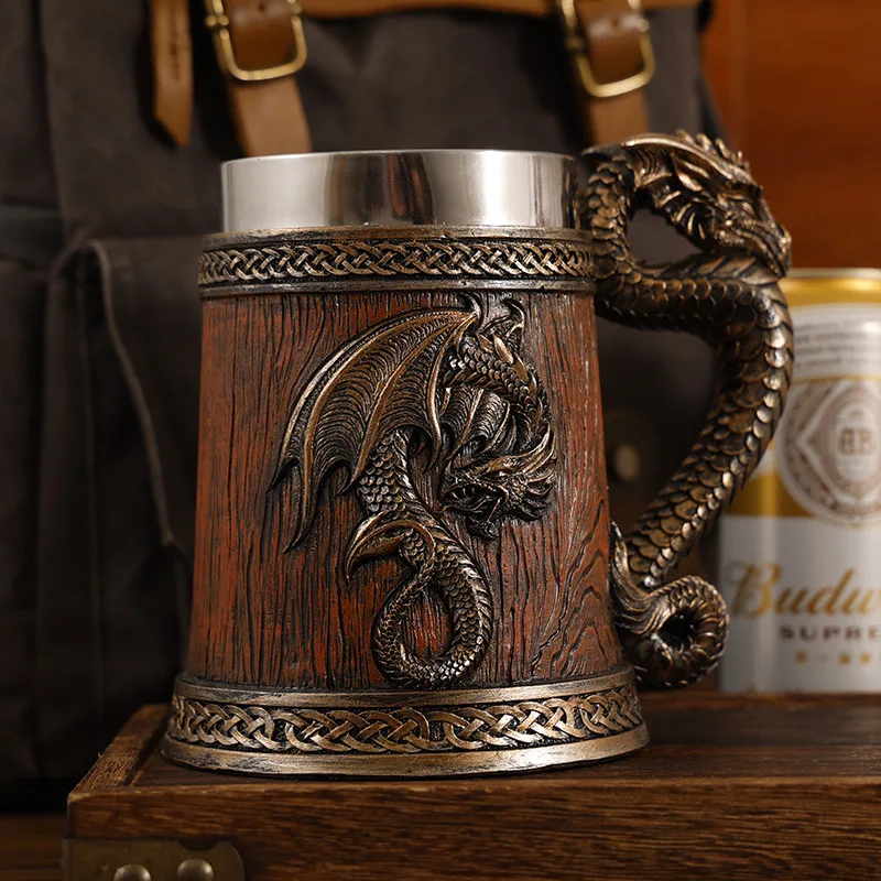 Retro Dinosaur 3D Stereo Head Wooden Barrel Beer Cup Handmade Resin Imitation Wood Stainless Steel Wine Cup Dining Utensils