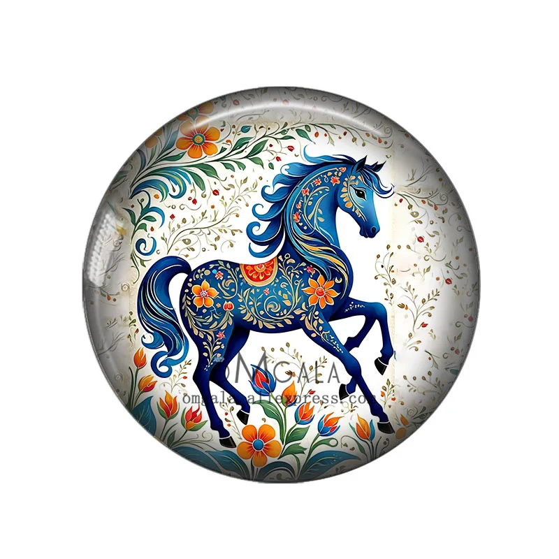 Folk Art Flowers with Horse Pattern 12mm/18mm/20mm/25mm Round Photo glass cabochon demo flat back Making findings