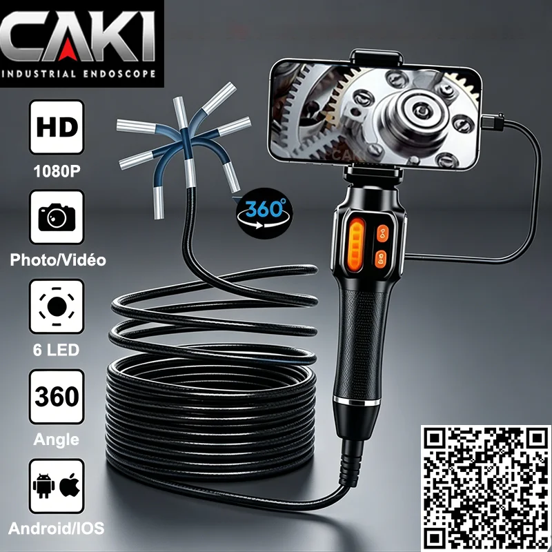 CAKI 360° Degree Rotation Endoscope Camera 6mm Lens HD Waterproof Sewer Camera  IP67 for Automotive IOS Android suitable