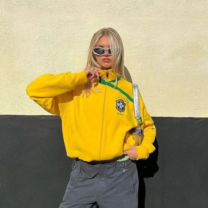 Jaket bendera Brasil Y2k Retro modis mantel kerah longgar musim gugur kaus sepak bola Jalan populer Hip Hop jaket ritsleting pasangan