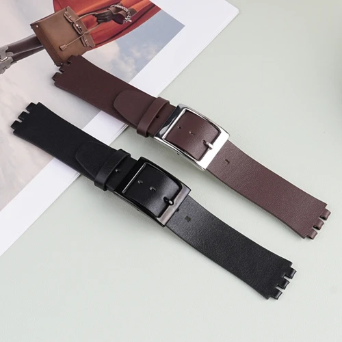 Imagen 1 del producto Piel de vaca ultrafina de 16mm y 17mm para Swatch, accesorios de correa de reloj de cuero fino clásico, banda suave fina especial de tres horquillas de 16mm y 17mm