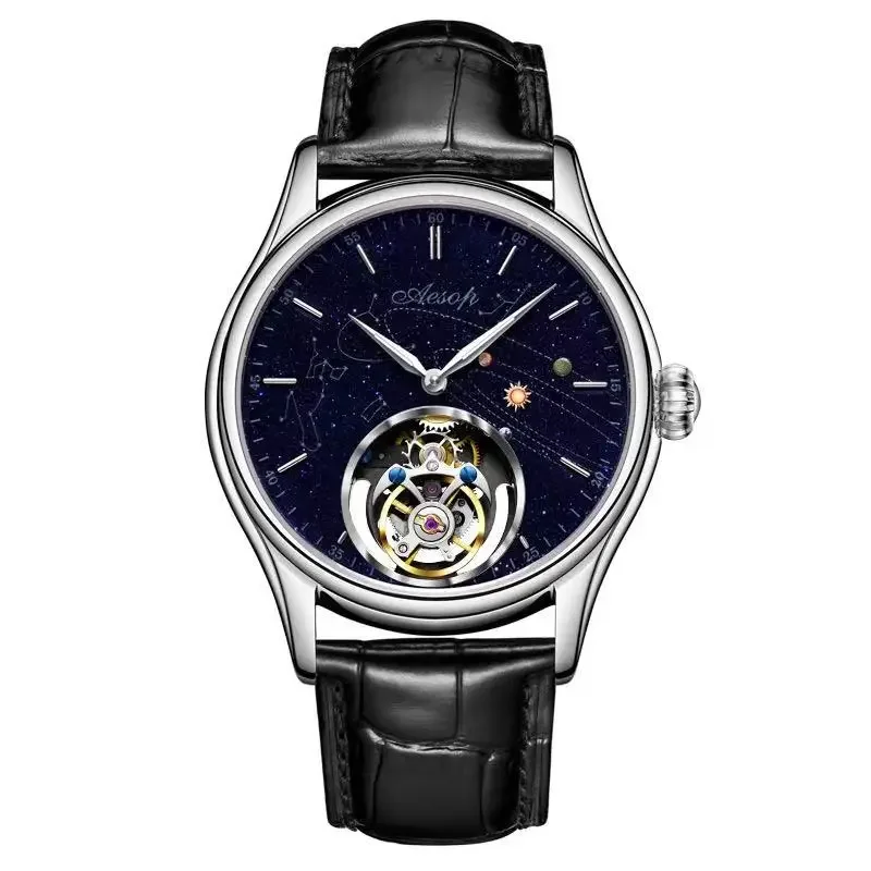 AESOP Men Tourbillon Mechanical Watch Starry Sky Dial Manual Winding Sapphire Stainless Steel Waterproof Business Wristwatch7049