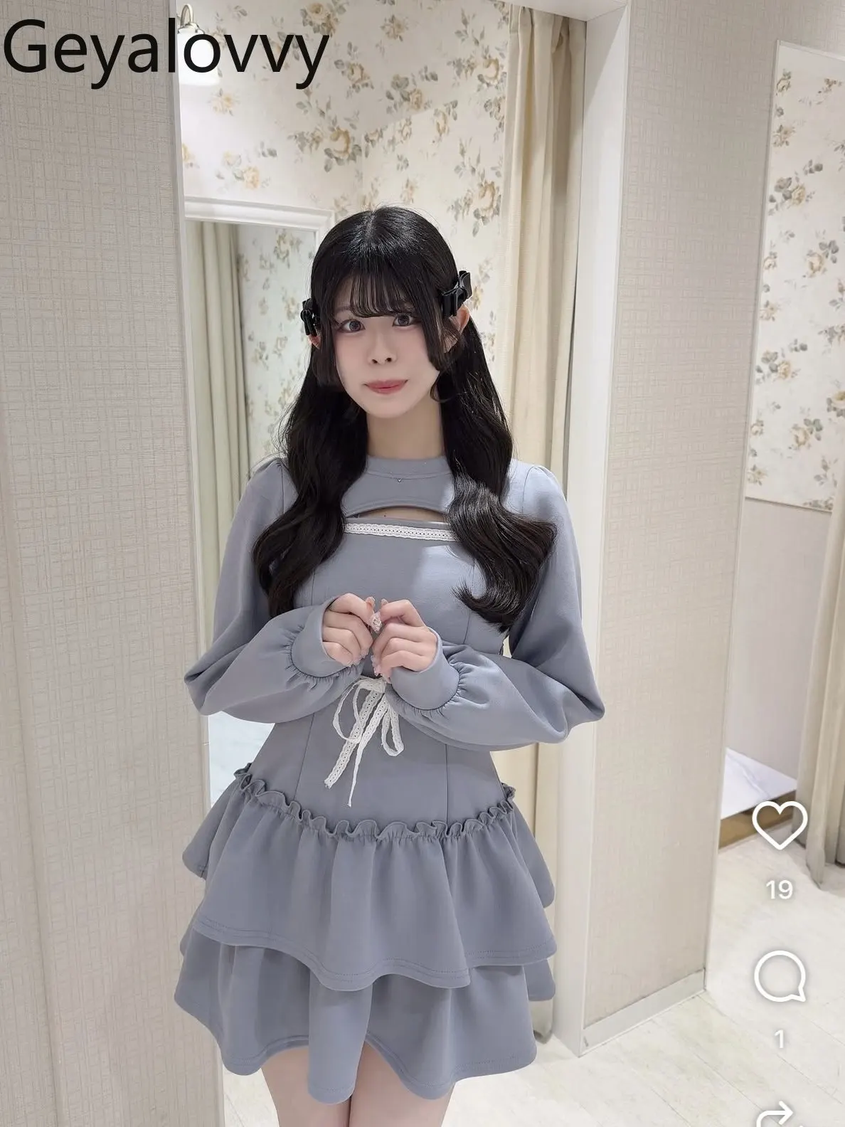 

Japanese Style Spring Sweet Girls Hollow-out Ribbon Ruffle Hem Bodycon Cami Dress and Long-sleeve Pullover Two-piece Set