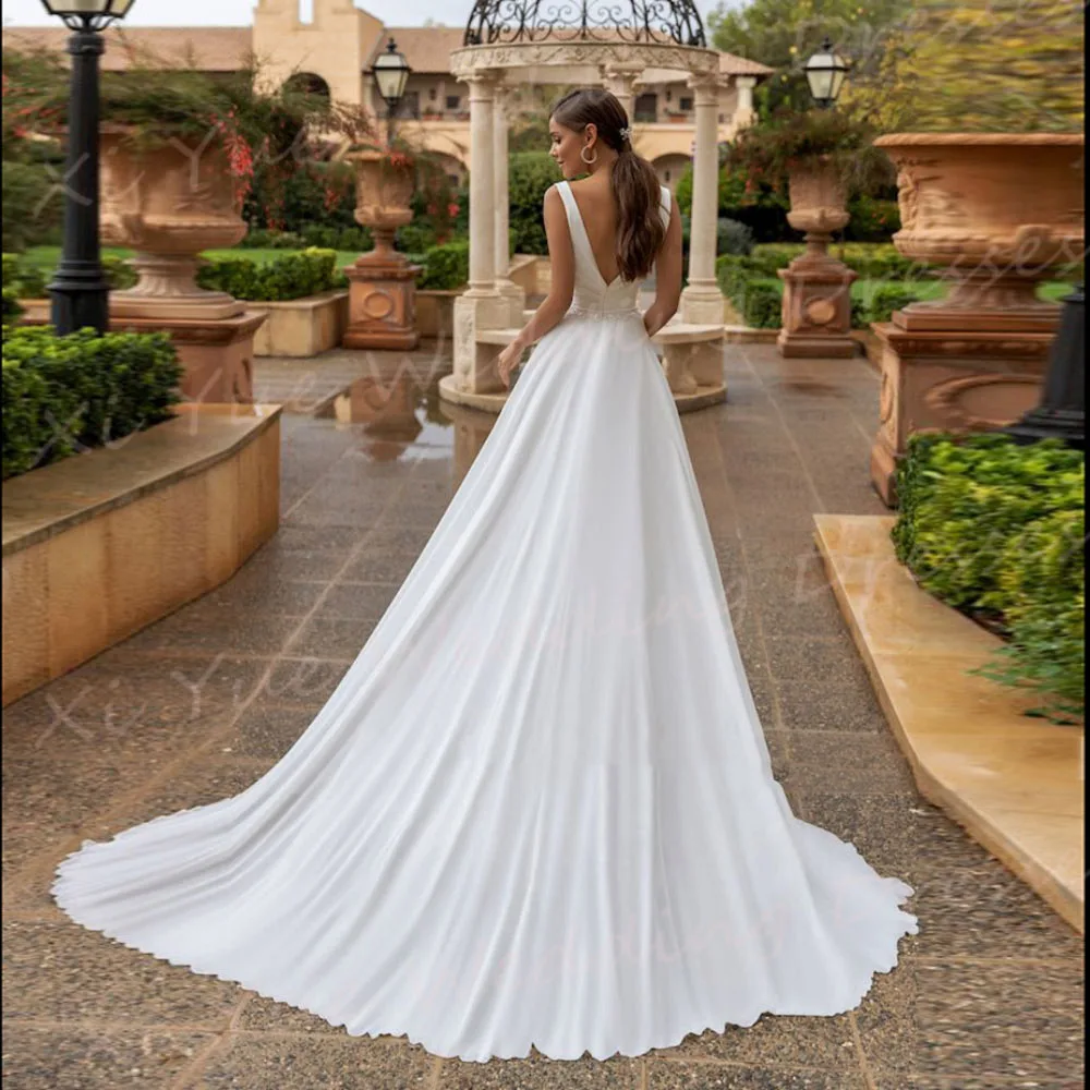 Boho Simple Modest Chiffon A Line Wedding Dresses Sexy Deep V Neck Pleated Bride Gowns Sleeveless Backless Vestidos Verano Moda