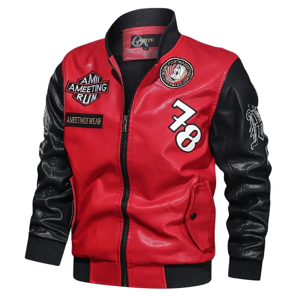 

Men's Embroidery Leather Jacket Nice New Men Stand Collar Baseball Uniform Jackets Coat Male Winter Warm Bomber Coats Outerwear