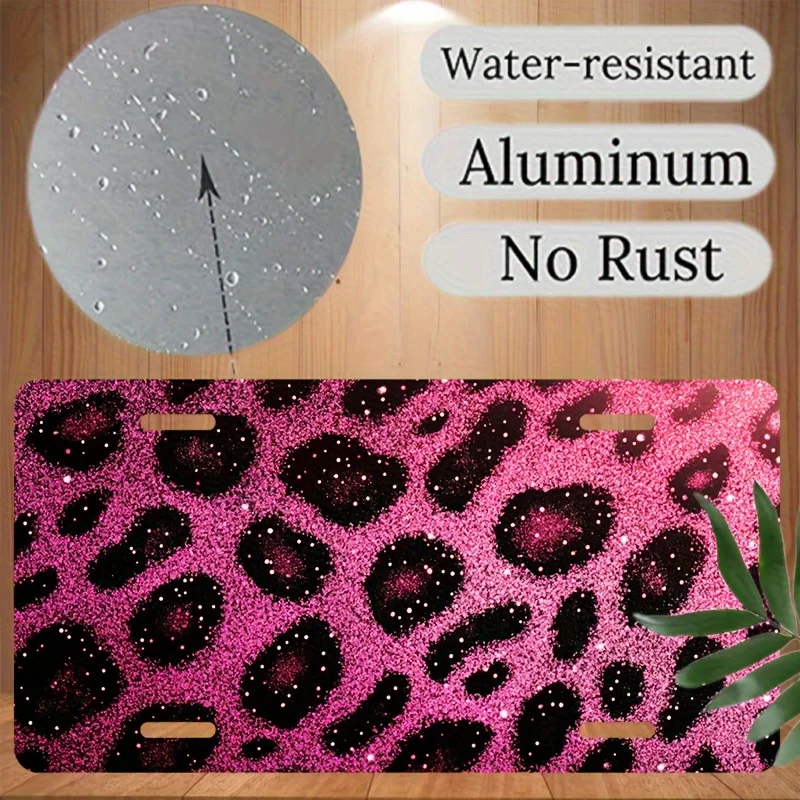 2D Falt, 1PCLicense Plate Frame and Protector, Pink Glitter Leopard Print Used, Waterproof Aluminum License Plate Frame Suitable