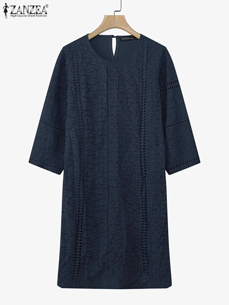 ZANZEA 2025 Women Elegant Office OL Dresses Summer Mini Dress Fashion 3/4 Sleeve Casual Lace Sundress Solid Color Short Robe