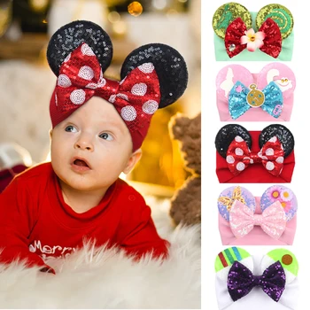 子供のためのディズニーの耳のヘッドバンド、スパンコールヘアボウ、クリスマスパーティーのための流行のターバン、女の子のためのDIYヘアアクセサリー、フェスティバルのヘッドラップ、5インチ、2025
