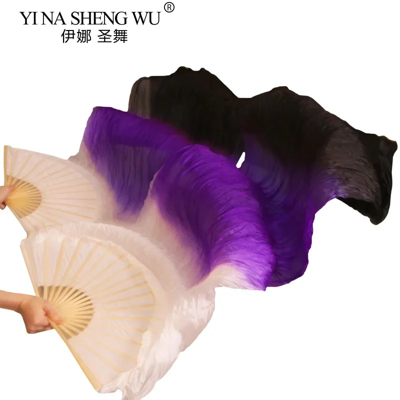 Customized 100% Real Silk Bamboo Ribs Dance Fans Belly Dancing Long Fans 1Pc Left+Right Hand White+Purple+Black Gradient Color