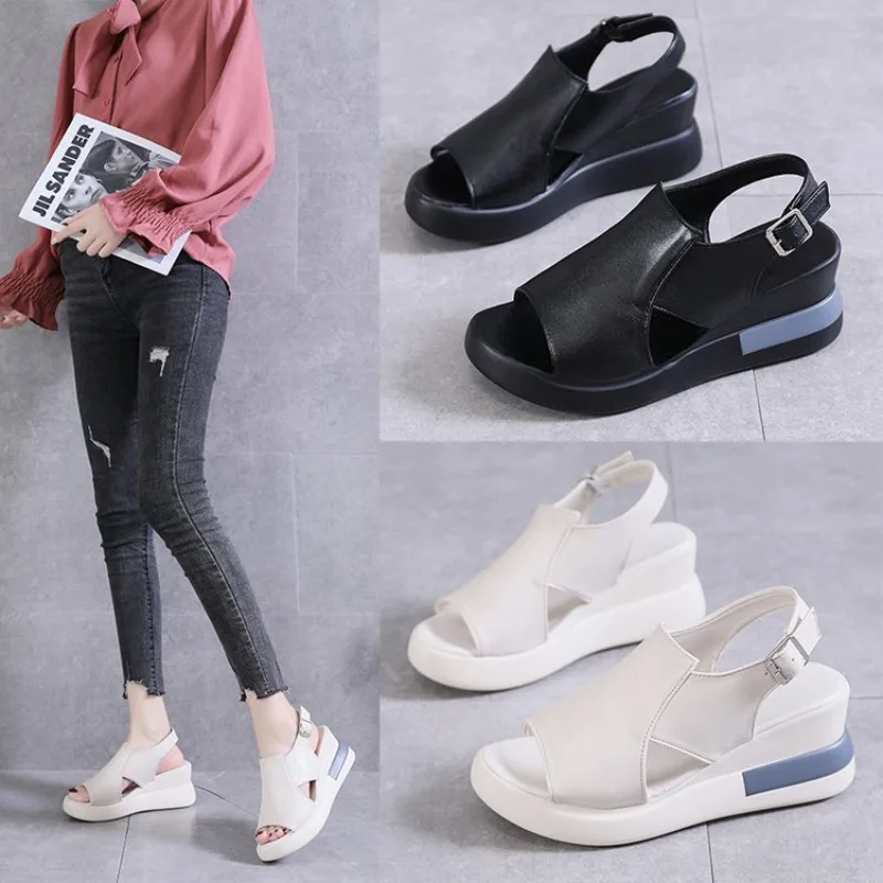 Sommer-Keilabsatz-Plateausandalen, Modische Retro-Römersandalen, Strandschuhe für Damen, Lässige Peeptoe-Sandalen, Weiche Komfortable Damensandalen