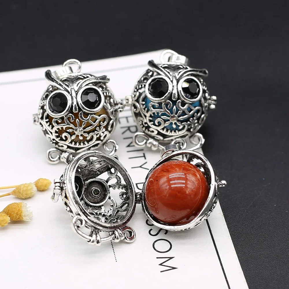 

5PCS Wholesale Cute Owl Alloy Pendant Round Natural Semi Precious Stone Cage Pendant Jewelry Making DIY Necklace Accessories