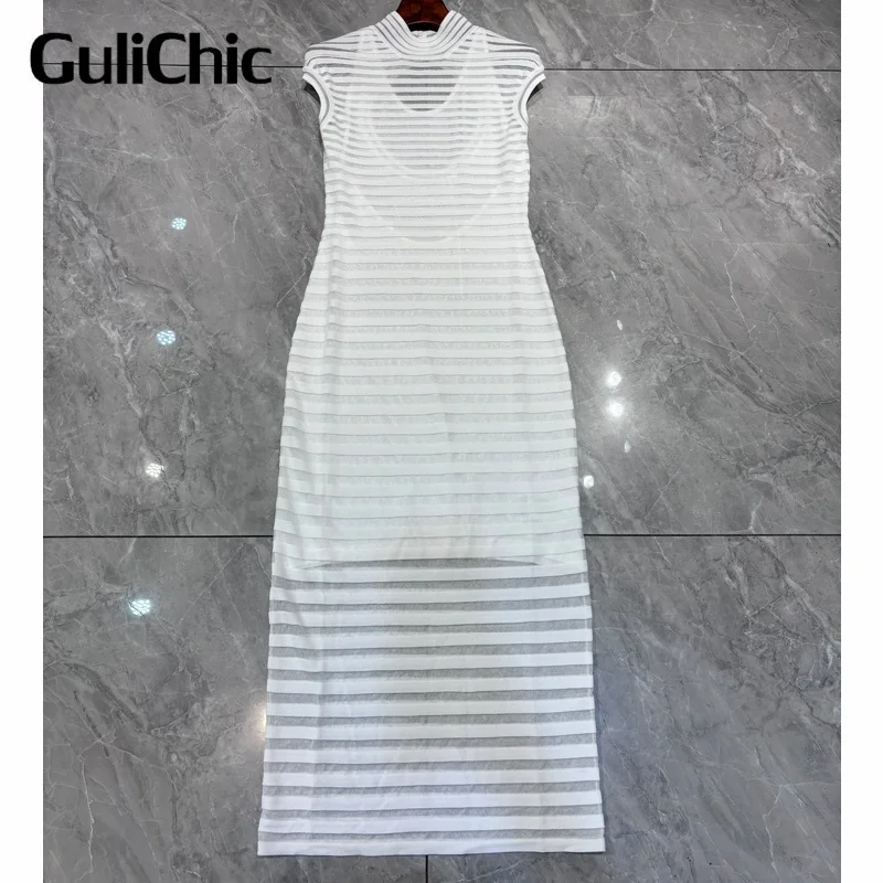 7.12 GuliChic Women Elegant Temperament Stand Collar Knit Dress Fashion Sexy Sheer Striped Hollow Out Backless Design Slim Dress