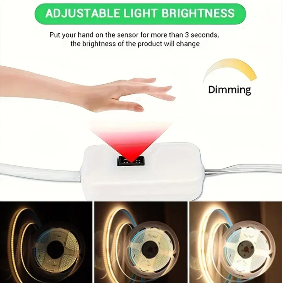 LED COB Strip 5V USB Light Hand Scan Sensor Switch Dimmable Linear Lightings Tape DIY Flexible For Kitchen Room Home Decor