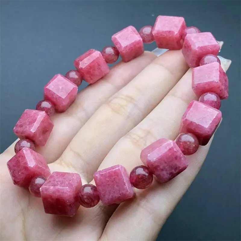 10MM Natural Rhodonite Cube Bracelet for Men Bracelet  Energy Crystal Aura Healing Yoga Elastic Couple Jewelry 1PCS