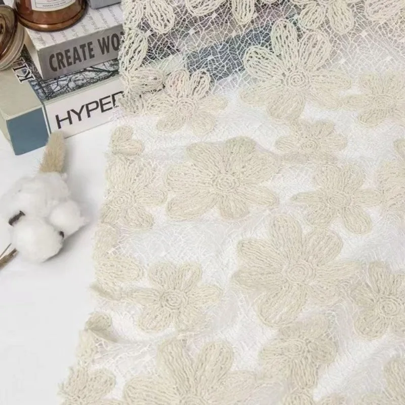 Embroidered Tulle Lace Trim Fabric Vintage Rope Stitch Seven Leaf Floral Sheer Soft Drapey for Stage Dress Gown DIY Sewing