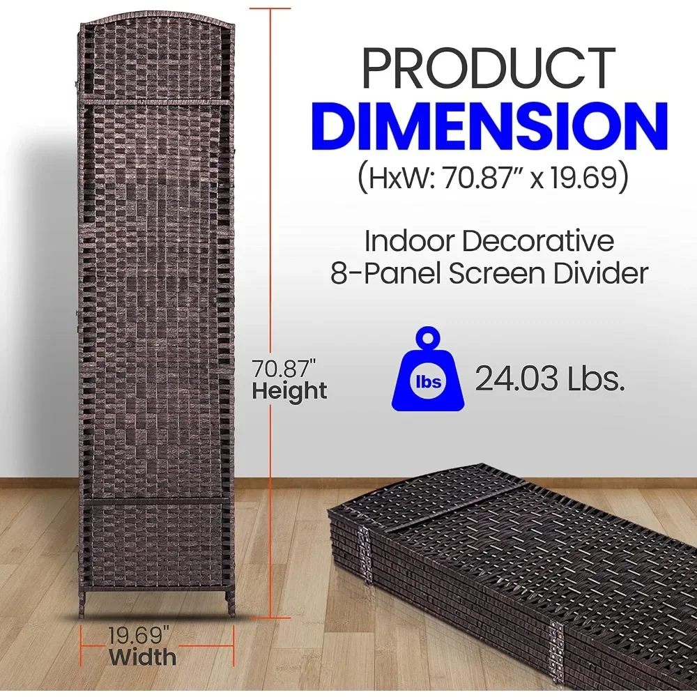 Woven Fiber Screen Room Divider - Portable Freestanding Indoor Decorative 8-Panel Room Divider, Room Separator, Foldi