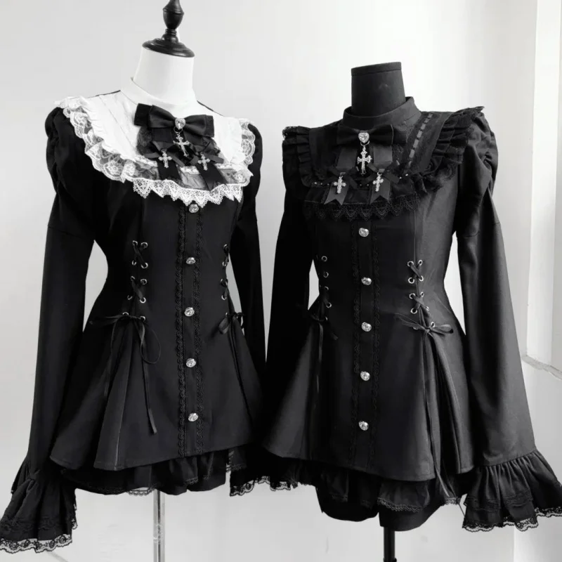Y2k Ästhetische Lolita Stil Bogen Kleid Shorts Set Frauen Kawaii Spitze Flare Hülse Bogen Hemd Kleid Japanische Punk Party Mini Kleid