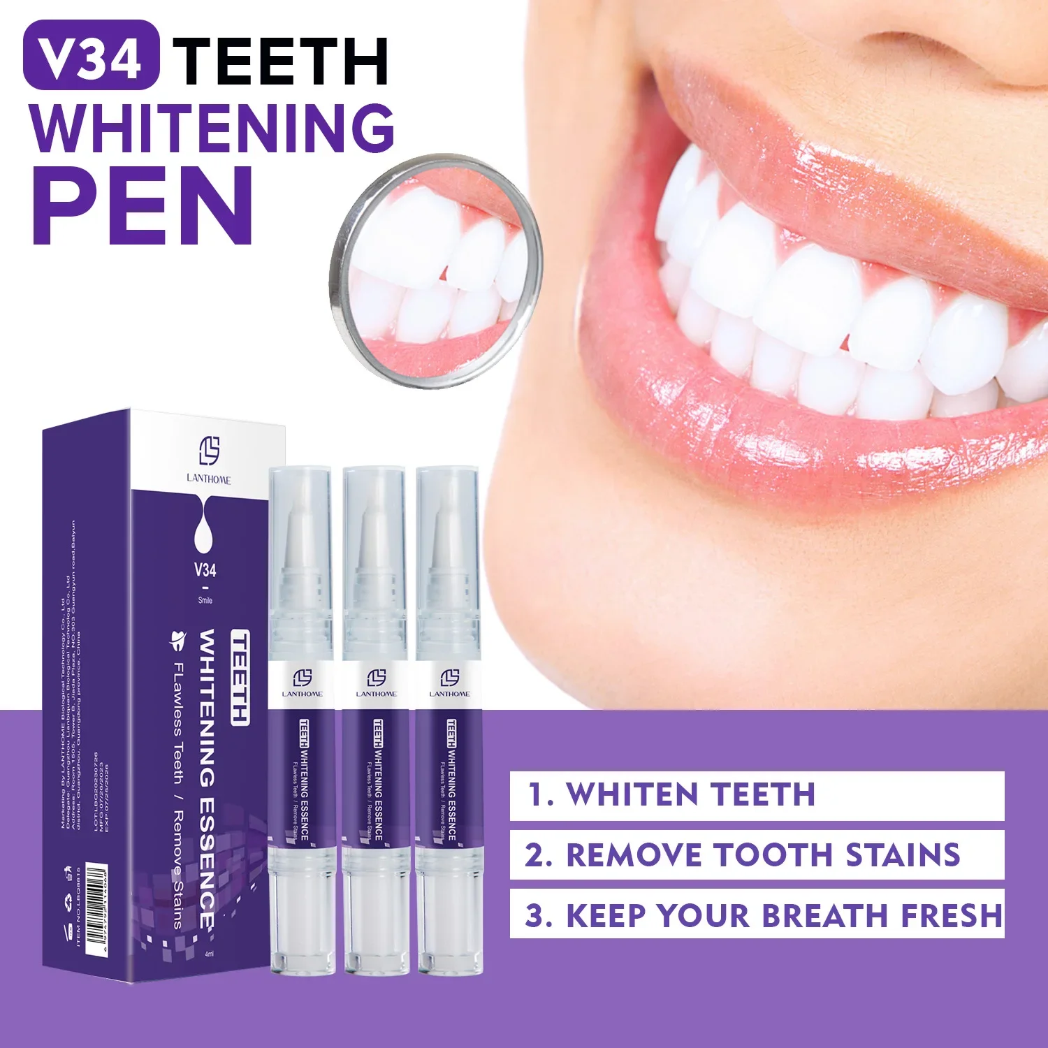 V34 Teeth Whitening Essence Pen Flawless Teeth Remove Stains Freshen Breath, 1ml*3pcs