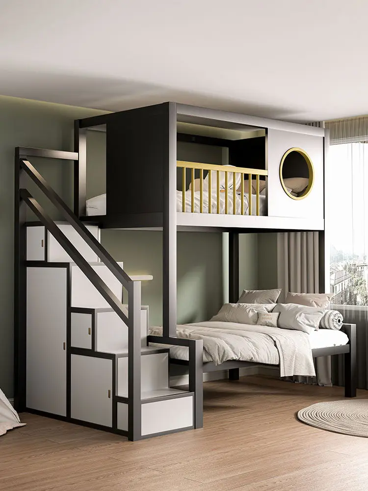 Duplex second floor   elevated loft bed wrought iron children's home bold thickened bed empty table combination single